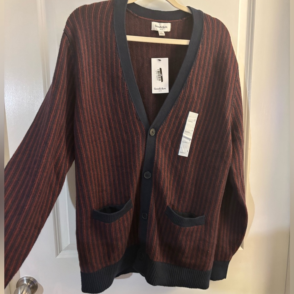 Men's Goodfellow & Co Burgundy Stripe Cardigan Sweater Multiple sizes S to XXL - Picture 2 of 11